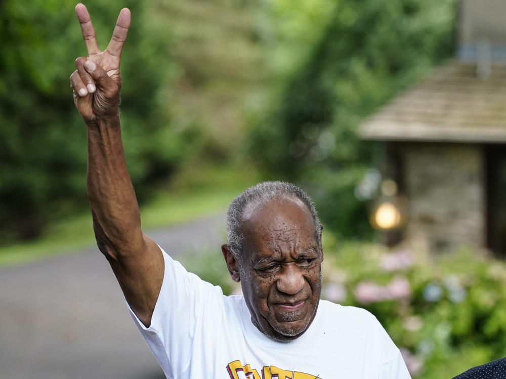 Bill Cosby gestures outside his home in Elkins Park, Pa., on June 30, 2021, after being released from prison when the Pennsylvania's supreme court overturned his sexual assault conviction. Cosby expressed support for former TV co-star Phylicia Rashad's freedom of speech after she defended him in a tweet.