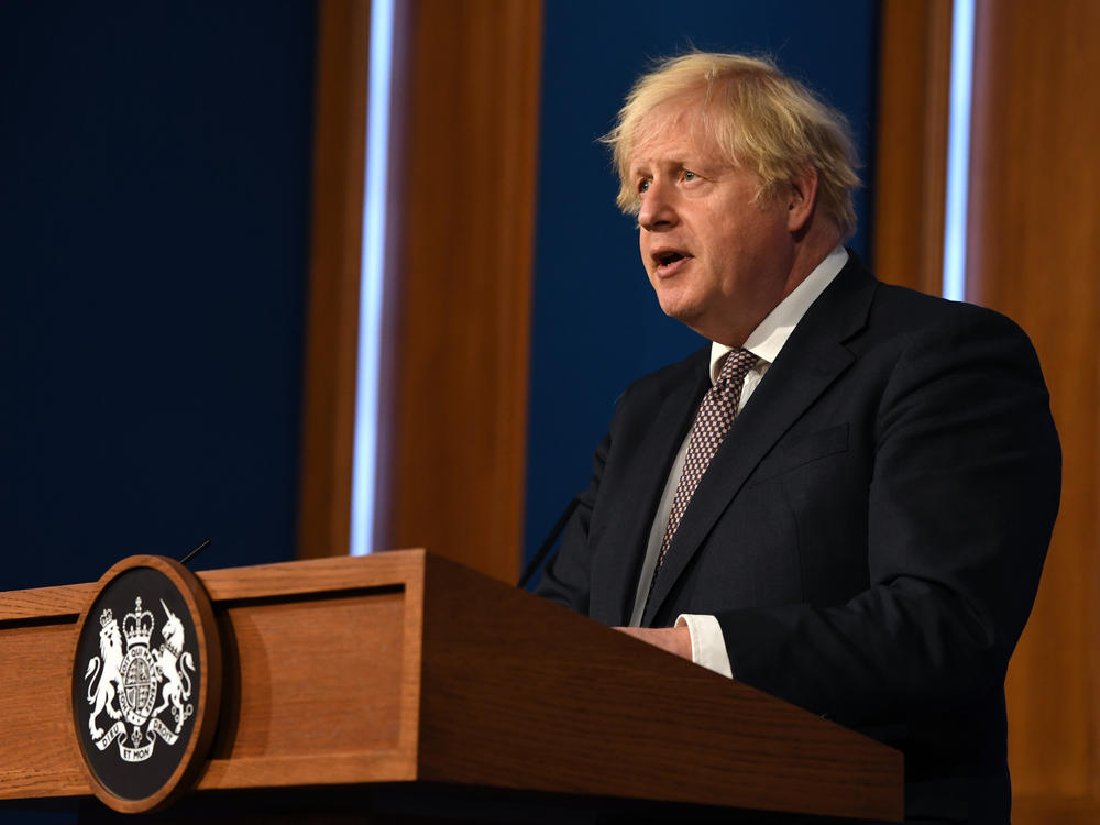 Britain's Prime Minister Boris Johnson gives an update on relaxing restrictions imposed on the country during pandemic at a virtual press conference at Downing Street on July 5.