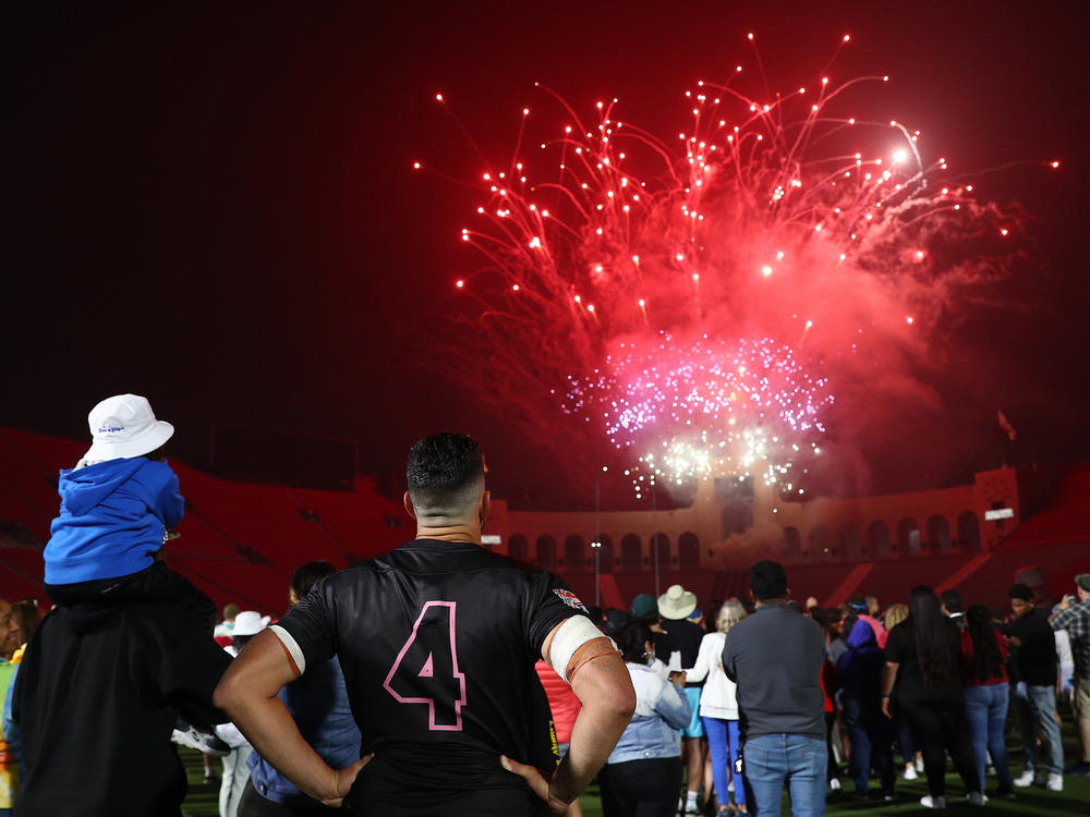 Dave Dennis #4 of the LA Giltinis watches the fireworks show after the game against NOLA Gold at Los Angeles Coliseum on July 04 in Los Angeles, California.