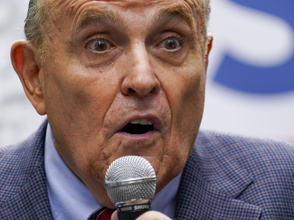 Former New York City Mayor Rudy Giuliani speaks during a campaign event for Republican mayoral candidate Curtis Sliwa on June 21 in New York.
