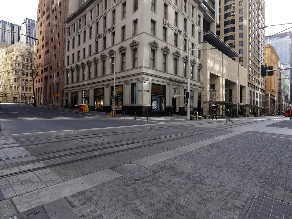 A normally busy shopping area in Sydney is nearly empty of people, Wednesday, July 7. Sydney's two-week lockdown has been extended for another week due to the vulnerability of an Australia population largely unvaccinated against COVID-19, officials said.