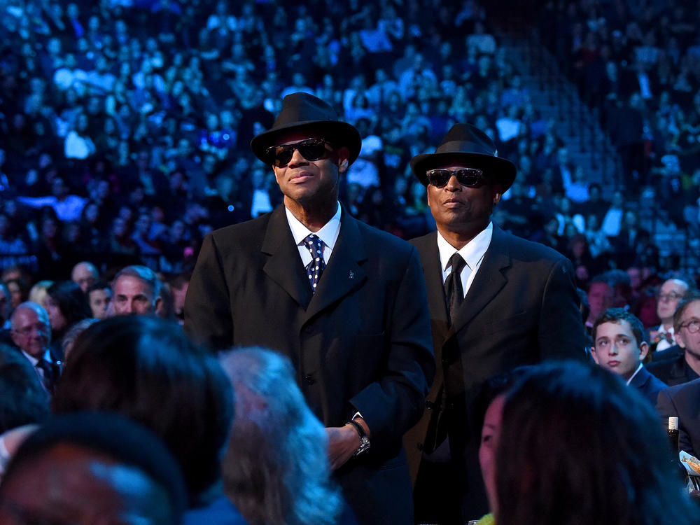 Jimmy Jam, left, and Terry Lewis stand after being acknowledged by inductee Janet Jackson during the 2019 Rock & Roll Hall of Fame Induction Ceremony, held at the Barclays Center on March 29, 2019 in New York.