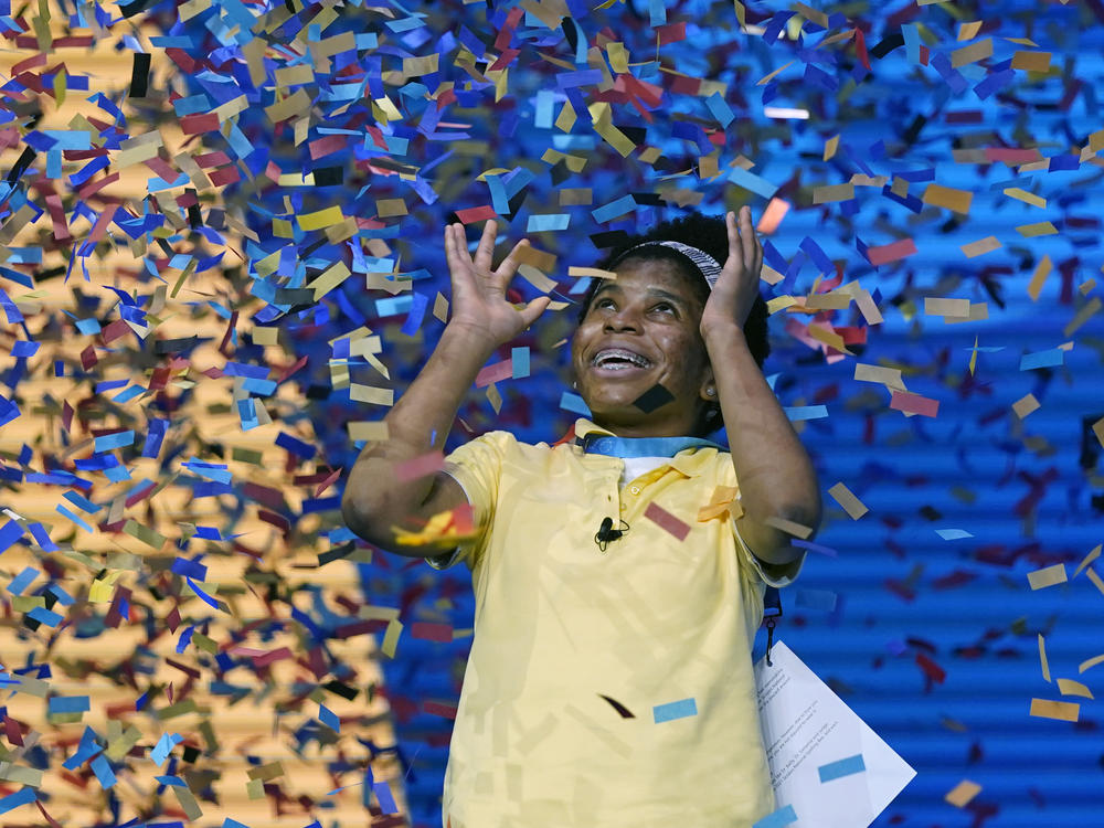 Zaila Avant-garde, 14, from Harvey, La., celebrates winning the finals of the 2021 Scripps National Spelling Bee on Thursday.