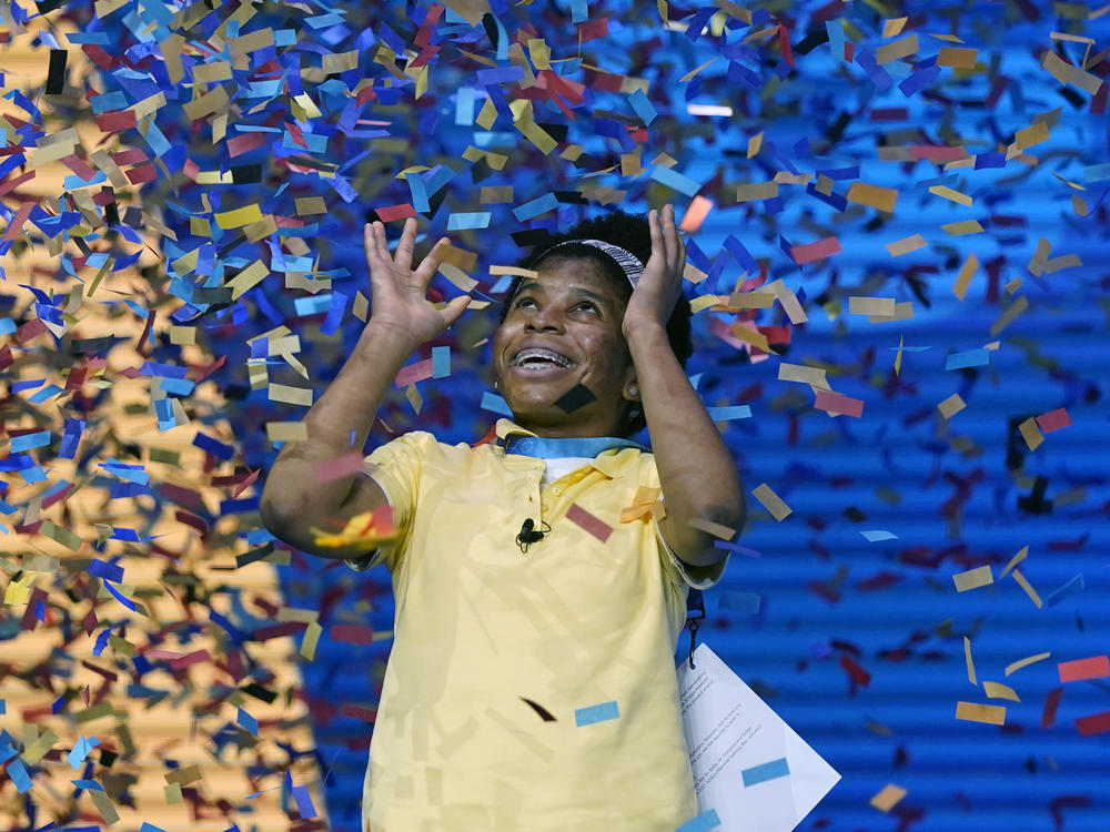 Zaila Avant-garde, 14, from Harvey, La., is covered with confetti as she celebrates winning the finals of the 2021 Scripps National Spelling Bee at Disney World Thursday, July 8 in Lake Buena Vista, Fla.