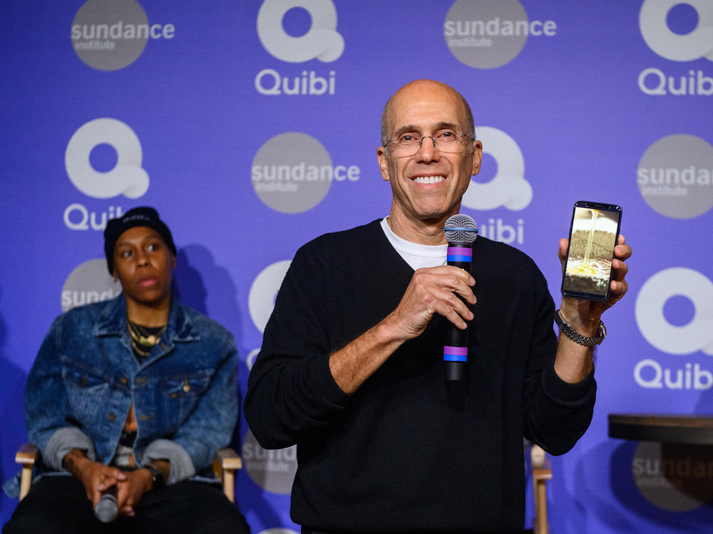 Quibi founder Jeffrey Katzenberg demonstrates the short-form streaming app at the Sundance Film Festival in Park City, Utah, on Jan. 24, 2020. Quibi was 