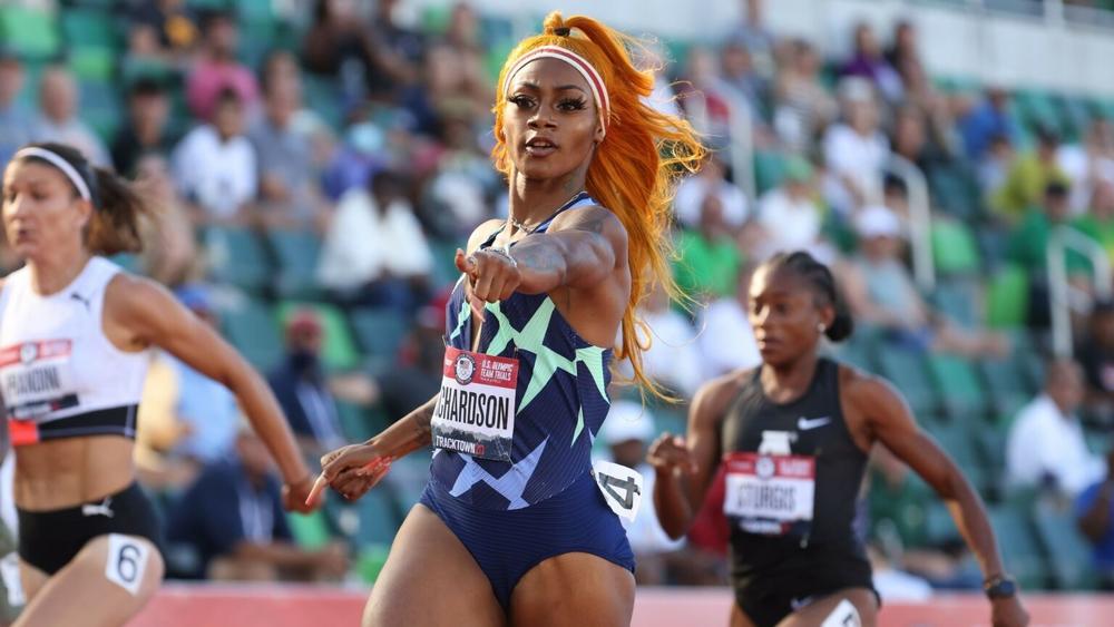 Sha'Carri Richardson competes in the Women's 100 Meter on day 2 of the 2020 U.S. Olympic Track & Field Team Trials at Hayward Field in Eugene, Oregon.