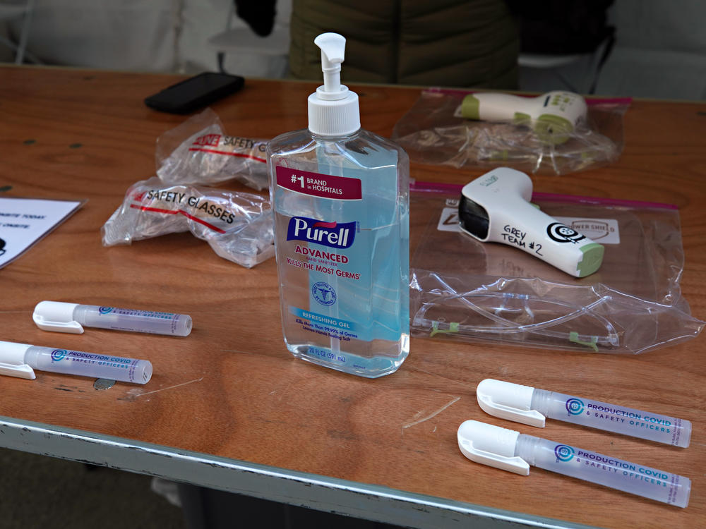 A view of safety items distributed as Broadway's St. James Theatre reopens with an exclusive performance for frontline workers as part of NY PopsUp on April 03, 2021 in New York City.