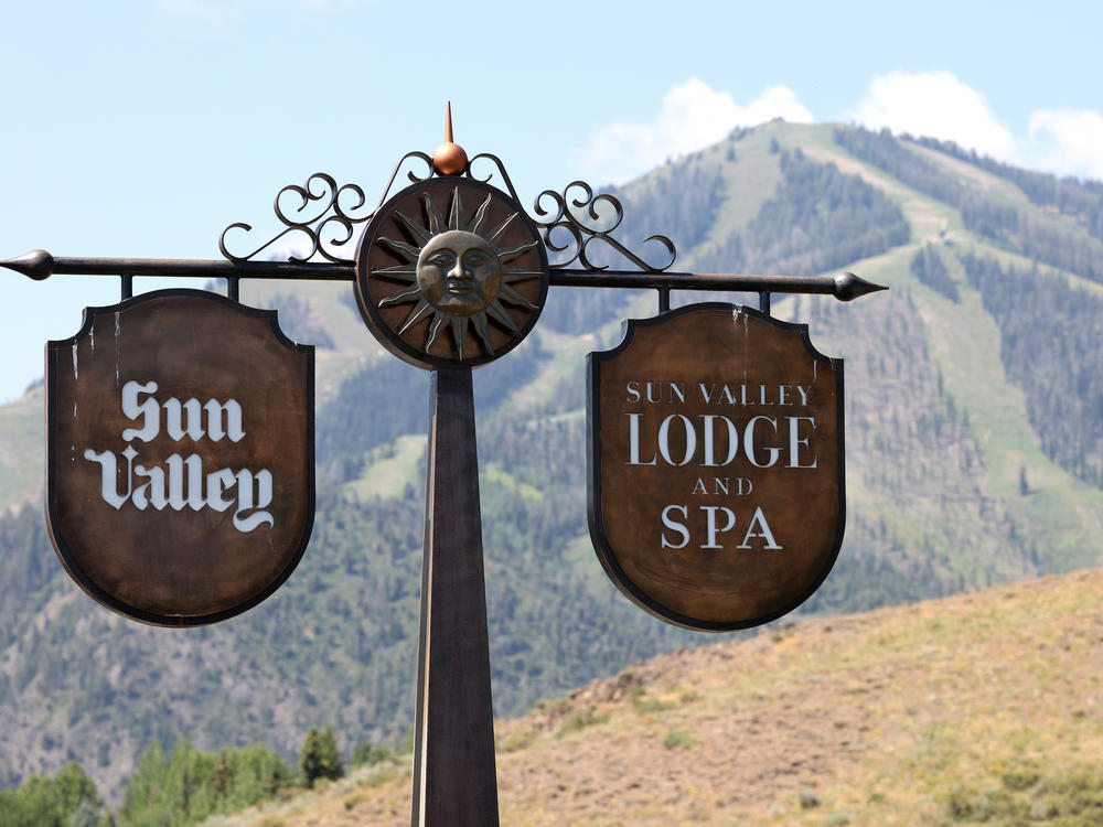 A sign is seen at the entrance to the Sun Valley Resort ahead of the Sun Valley conference organized by Allen & Co. in Sun Valley, Idaho, on July 5.