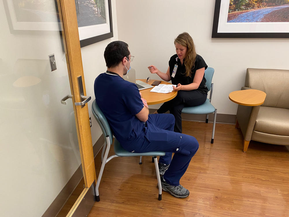 Dr. Riah Patterson, a specialist in perinatal psychiatry, discusses patients and treatment plans with her trainee, a 3rd year psychiatry resident at the Center for Women's Mood Disorders at UNC-Chapel Hill.