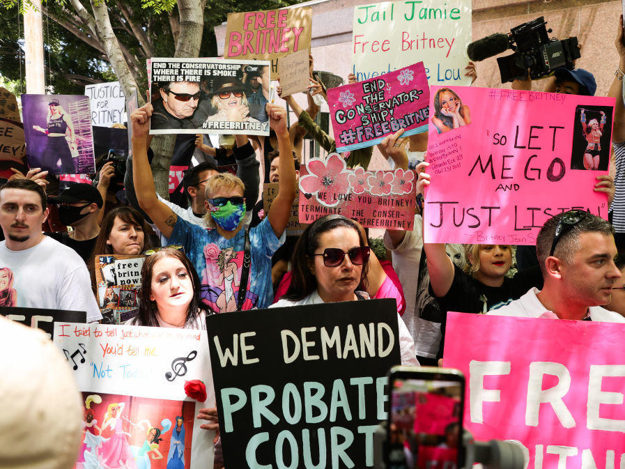 #FreeBritney activists protest outside a conservatorship hearing for pop singer Britney Spears on June 23 in Los Angeles.