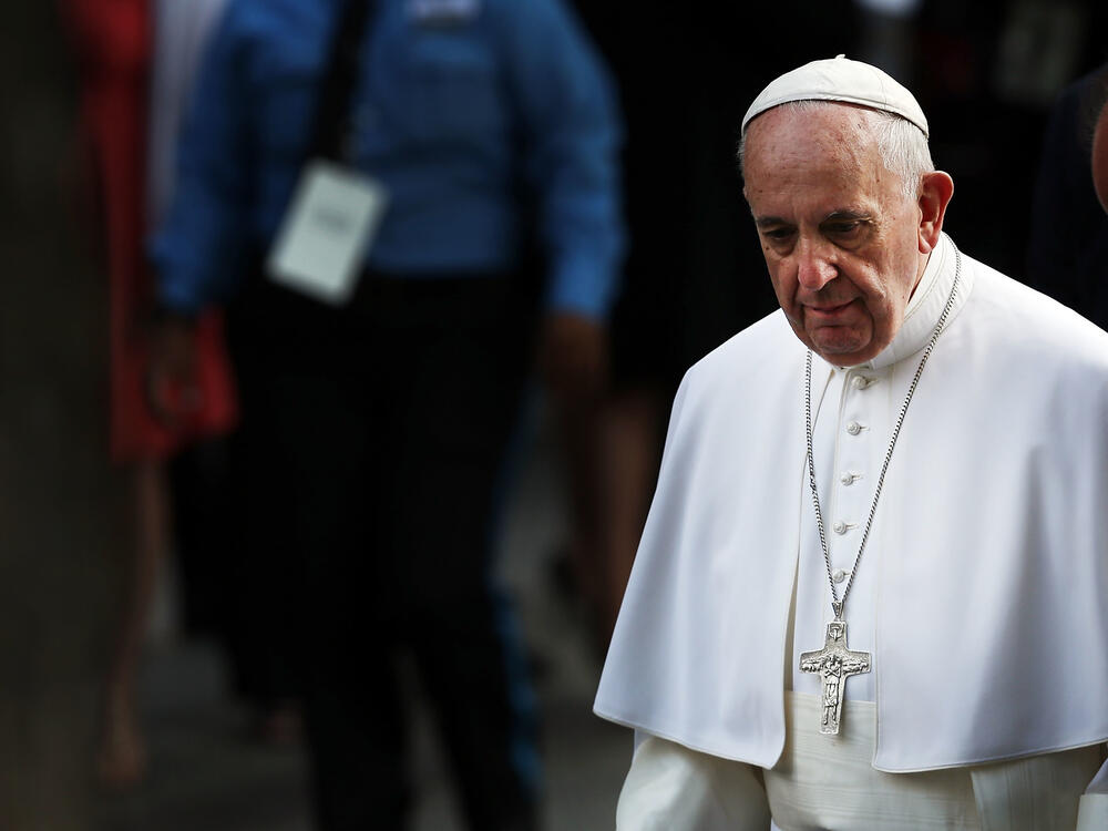 Pope Francis exits the memorial to the victims of the 9/11 attacks on Sept. 25, 2015, in New York City.