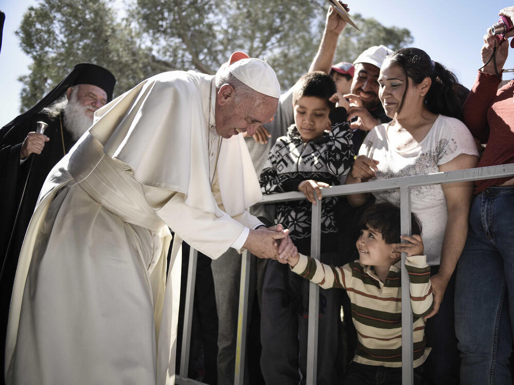 Pope Francis meets migrants at the Moria detention center near Mytilene on the Greek island of Lesbos on April 16, 2016.