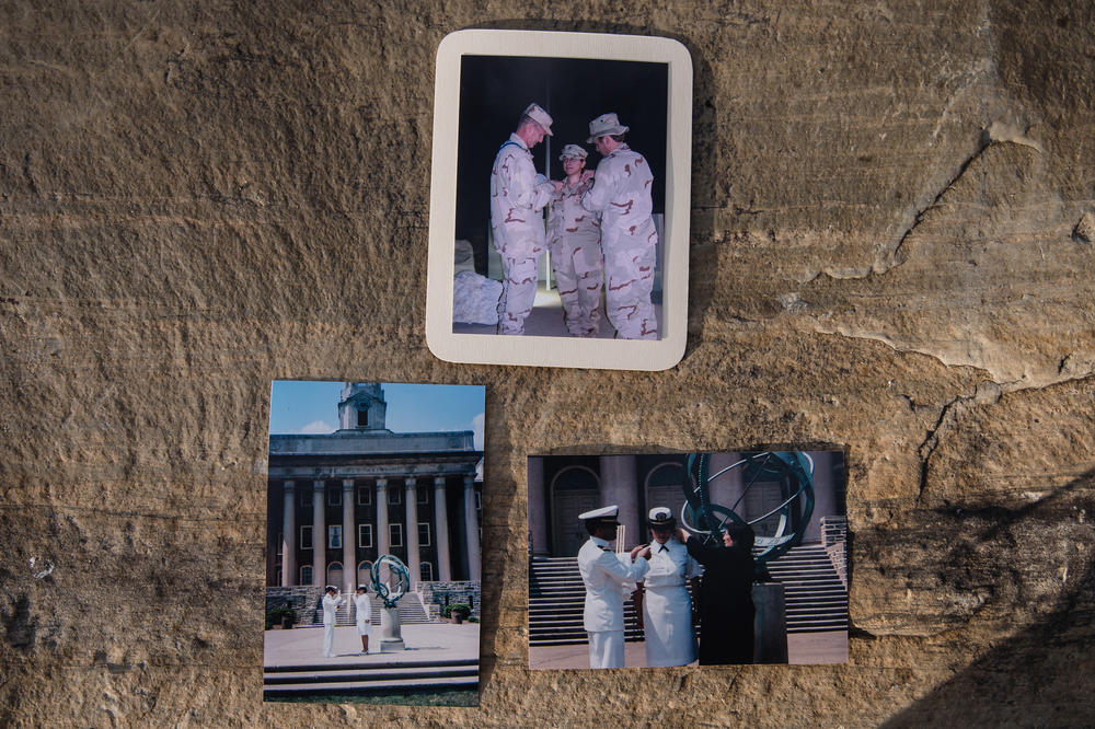 Lyla Kohistany's photos (top) of her being promoted to lieutenant in Afghanistan in 2005 during her first deployment, (left) Kohistany's commissioning ceremony where she was sworn in as an officer at Penn State University in 2001 and (right) Kohistany's commissioning ceremony at Penn State University in 2001 where her mom and brother put on her shoulder boards rank on her shirt.