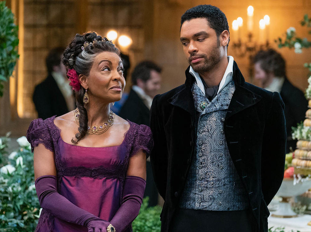 Lady Danbury (Adjoa Andoh) and Simon Basset (Regé-Jean Page) in<em> Bridgerton.</em>