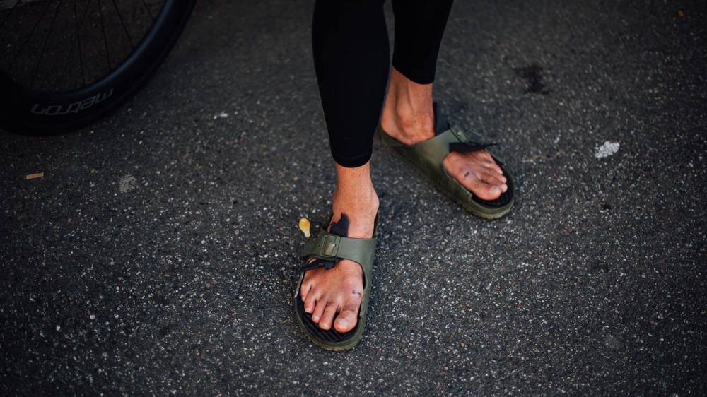 Morton rode almost all of the days in sandals, which he had to modify after getting blisters — the result of a previous modification of his bike because of a sore knee.