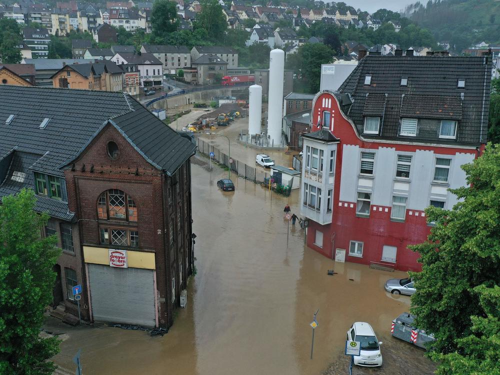 An aerial view Wednesday shows the flooded center of the city of Hagen, western Germany, after heavy rain in parts of the country caused widespread flooding.