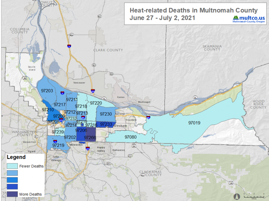 The areas with more heat related deaths in Multnomah County included lower income neighborhoods where people of color tend to live. Portland State researcher Vivek Shandas says they have fewer trees but more highways, parking lots and industrial plants, which absorb heat.