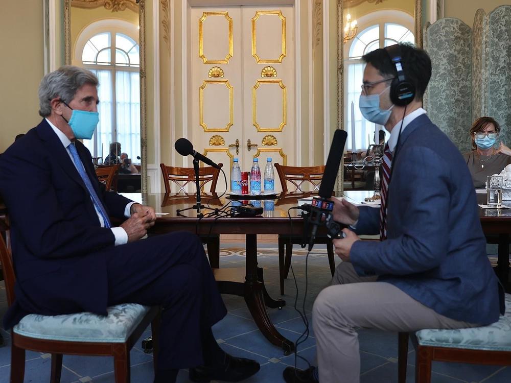 Kerry gets interviewed by NPR's Lucian Kim on Wednesday at Spaso House, the official Moscow residence of the U.S. ambassador to Russia.