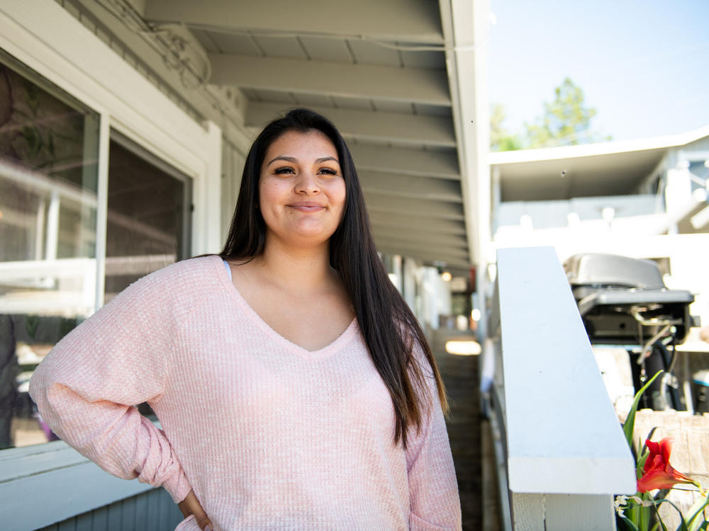 Cheyanne Wright at the apartment building where she lives with her two children in Lakeport, Calif., on May 14.
