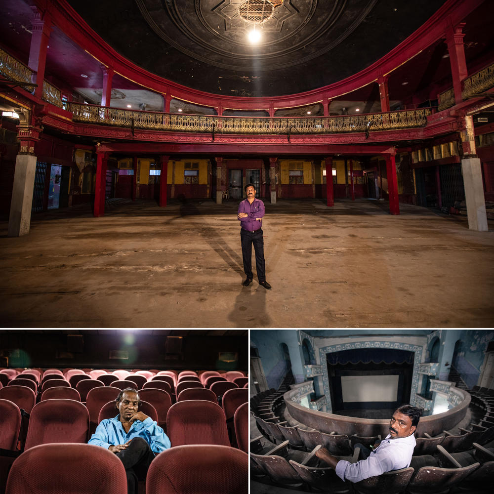 Top: Anil Vankadkar works at the Capitol cinema's office. Bottom left: Jeetendra Rajput is the caretaker of Central Plaza cinema. Bottom right: Ganesh Palkar is the caretaker of the Edward Theatre. Due to the pandemic, most of the theaters have had to downscale and let go of staff members. The owners of the cinemas have held onto only a few crucial employees who have been with them for many years.