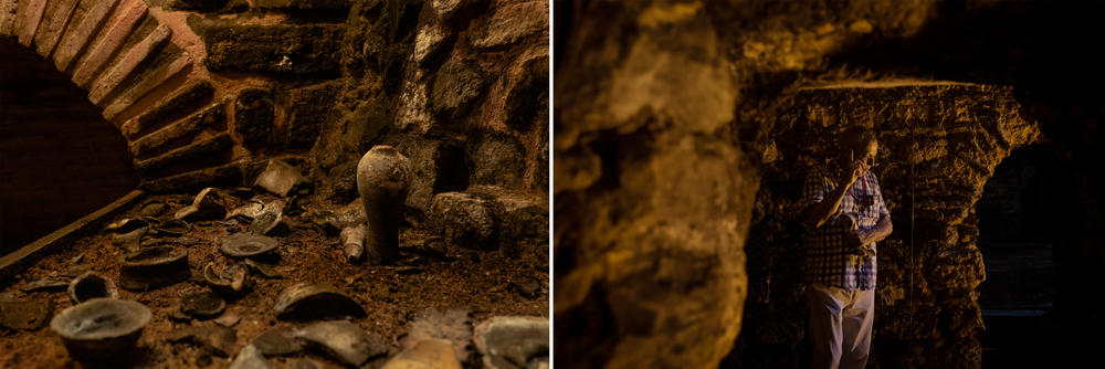 Left: Remnants of pottery and glass are seen among restored Byzantine-era ruins in a basement below a carpet shop. Right: Ozgumus stands in a substructure with mason work he believes dates back to the 4th to 6th centuries. Due to its location and layout, he suggests it may have been a substructure that was part of the palace complex built by Constantine the Great.