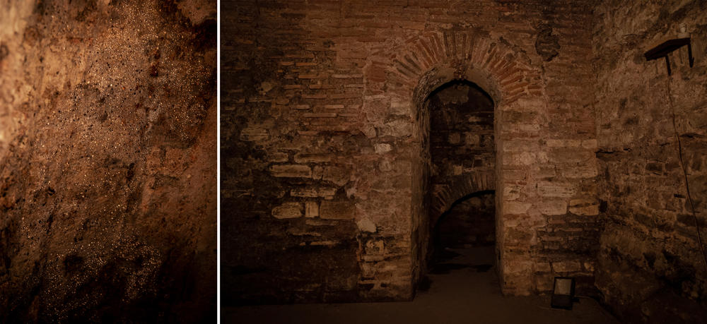 Left: Condensation can be seen on the stone walls in a section of a Byzantine substructure in Istanbul. Right: An archway in a section of a Byzantine substructure excavated by the owner of a carpet shop.
