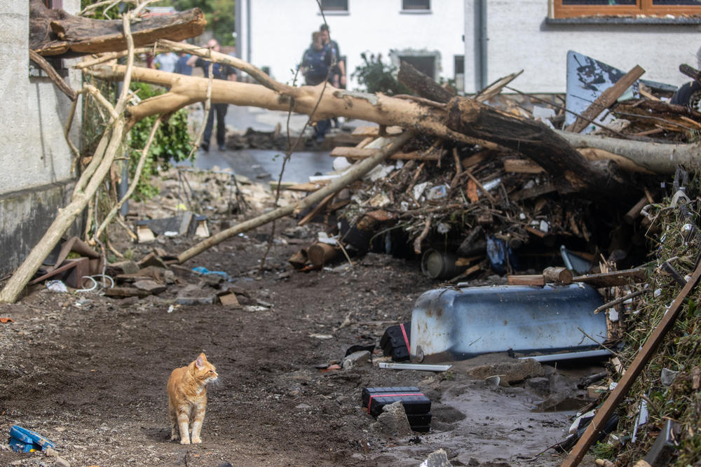 Debris lies in front of a house Thursday in Schuld in western Germany.