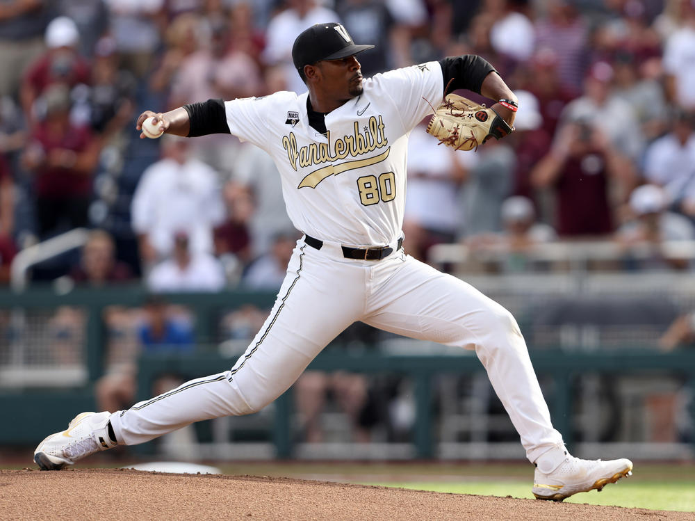 Kumar Rocker pitches during game three of the College World Series championship on June 30, 2021, in Omaha, Neb. This week, he was drafted by the New York Mets.