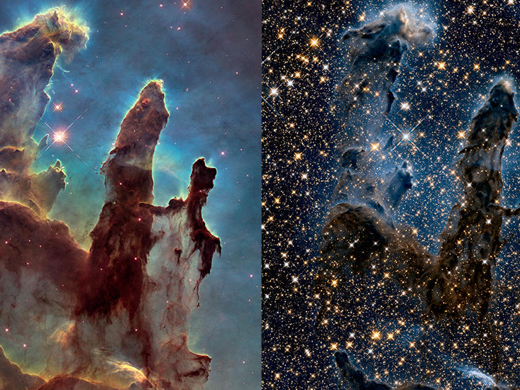 Images of the Eagle Nebula show the Hubble Space Telescope's ability to capture pictures in both visible (left) and infrared (right) light. NASA is celebrating the successful restart of the telescope's payload computer, opening the door to more observations.
