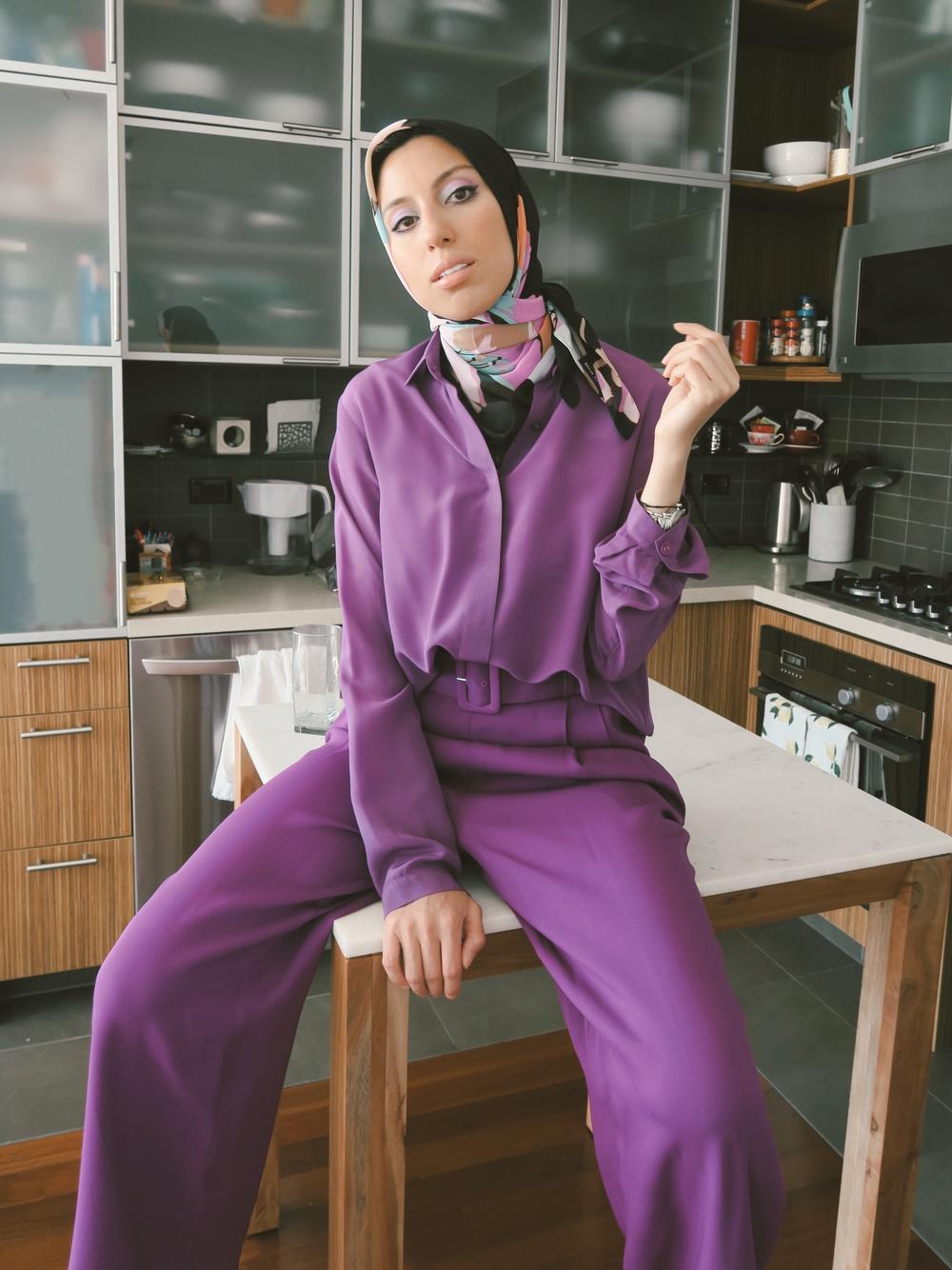 Melanie Elturk wears a monochrome outfit from eco-conscious brand Bouguessa.
