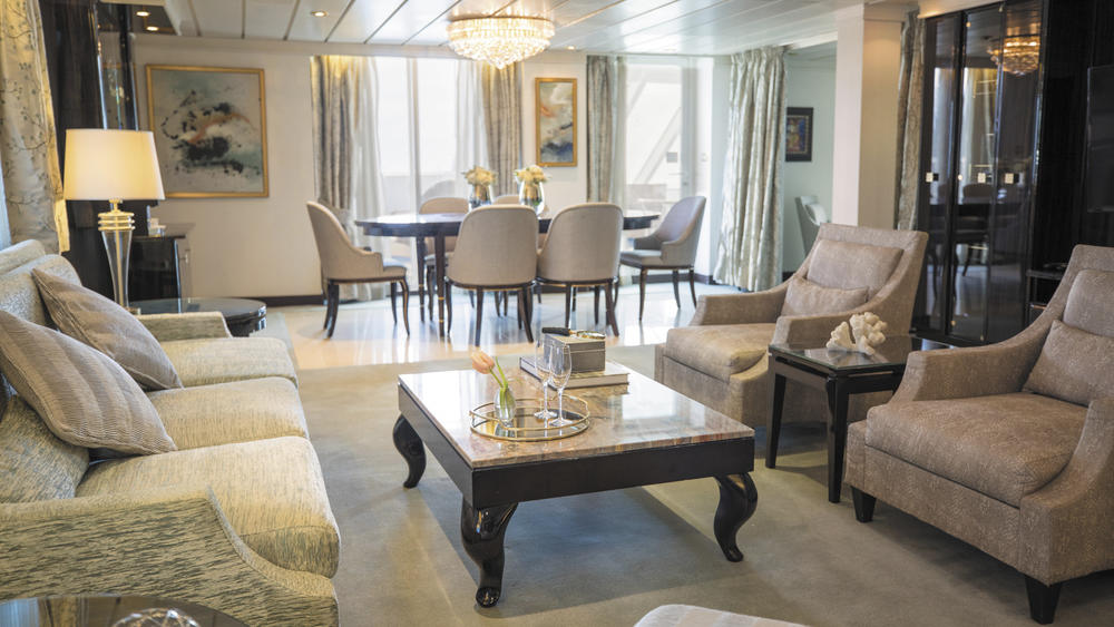 The living room of a master suite aboard the Seven Seas Mariner. Such accommodations cost $199,999 per person, according to Regent Seven Seas Cruises.