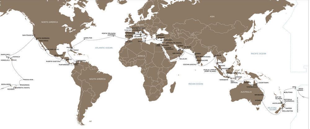 The Seven Seas Mariner will circumnavigate the Earth, taking passengers on a cruise that lasts more than four months and spans 34,500 nautical miles.