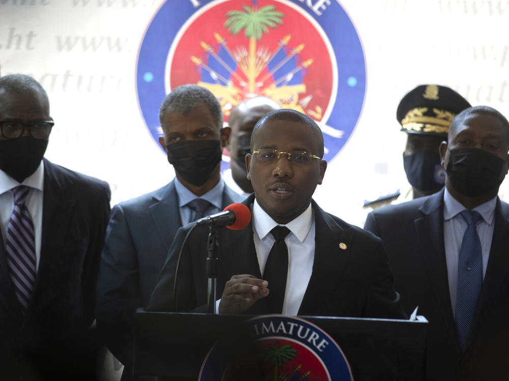 Haiti's interim Prime Minister Claude Joseph gives a press conference in Port-au-Prince on Friday, the week after the assassination of Haitian President Jovenel Moïse's on July 7.
