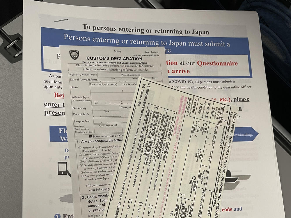 Some of the many forms people traveling to Japan must be prepared to show upon arrival.