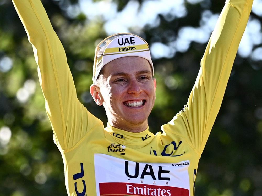 Tadej Pogačar of Slovenia celebrates in Paris after claiming his second Tour de France victory in a row on Sunday.
