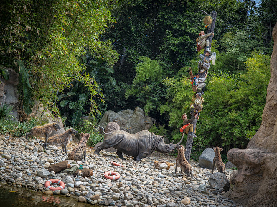 Disneyland's updated Jungle Cruise ride features tourists of various ethnic backgrounds getting chased by wildlife.