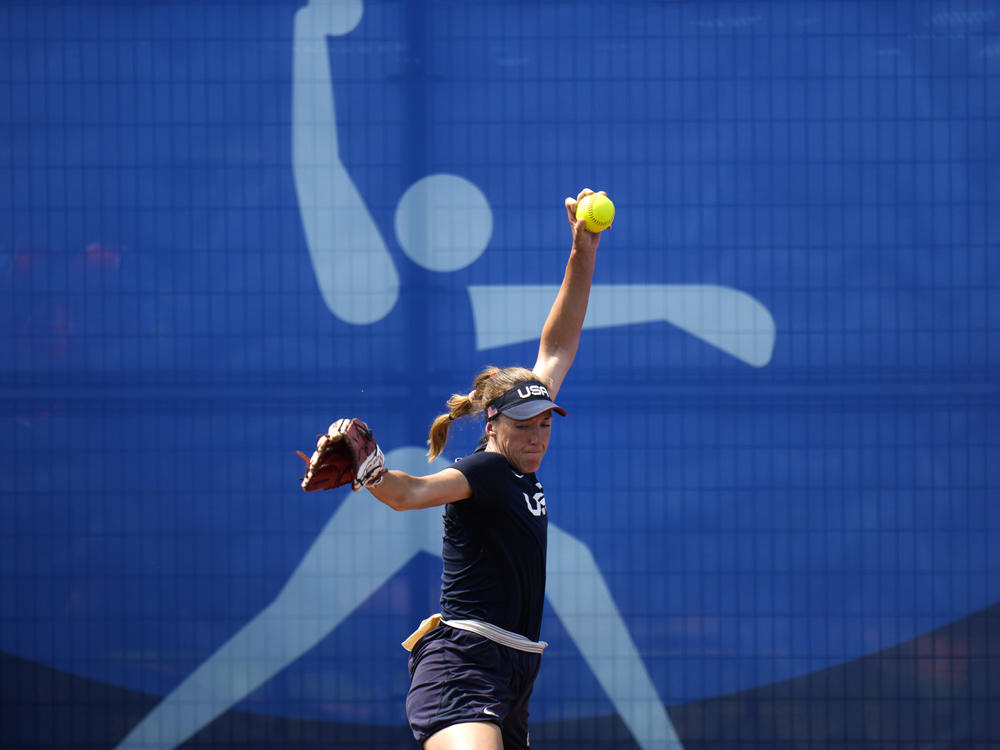 United States pitcher Monica Abbott trains at the Fukushima Azuma Baseball Stadium ahead of the 2020 Summer Olympics, Tuesday, July 20, 2021, in Fukushima, Japan.