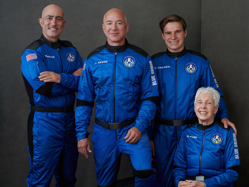 Besides Bezos, the crew included brother Mark Bezos (left), 18-year-old physics student Oliver Daemen and 82-year-old pioneering female aviator Wally Funk.
