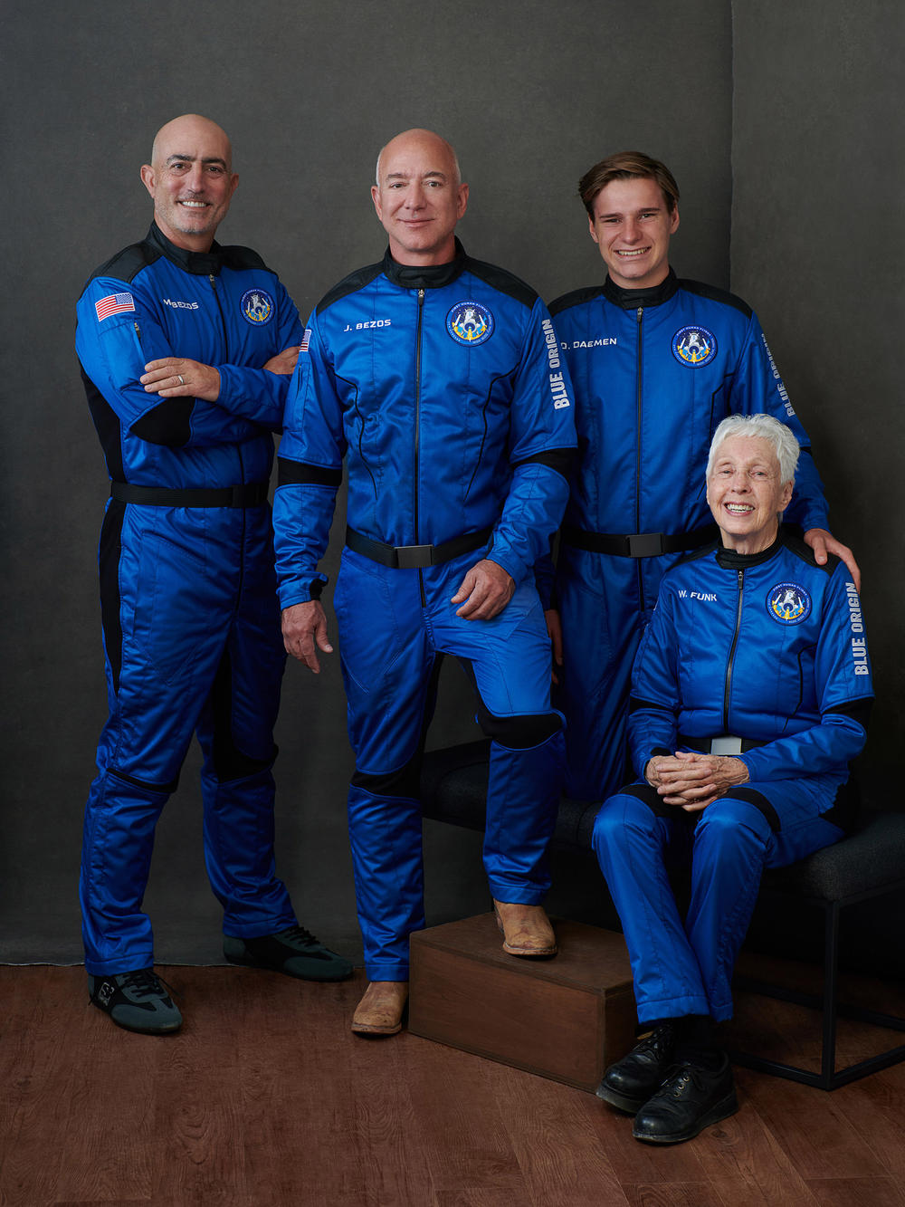 The crew riding with Jeff Bezos included his brother Mark (left), 18-year-old physics student Oliver Daemen and 82-year-old pioneering female aviator Wally Funk.