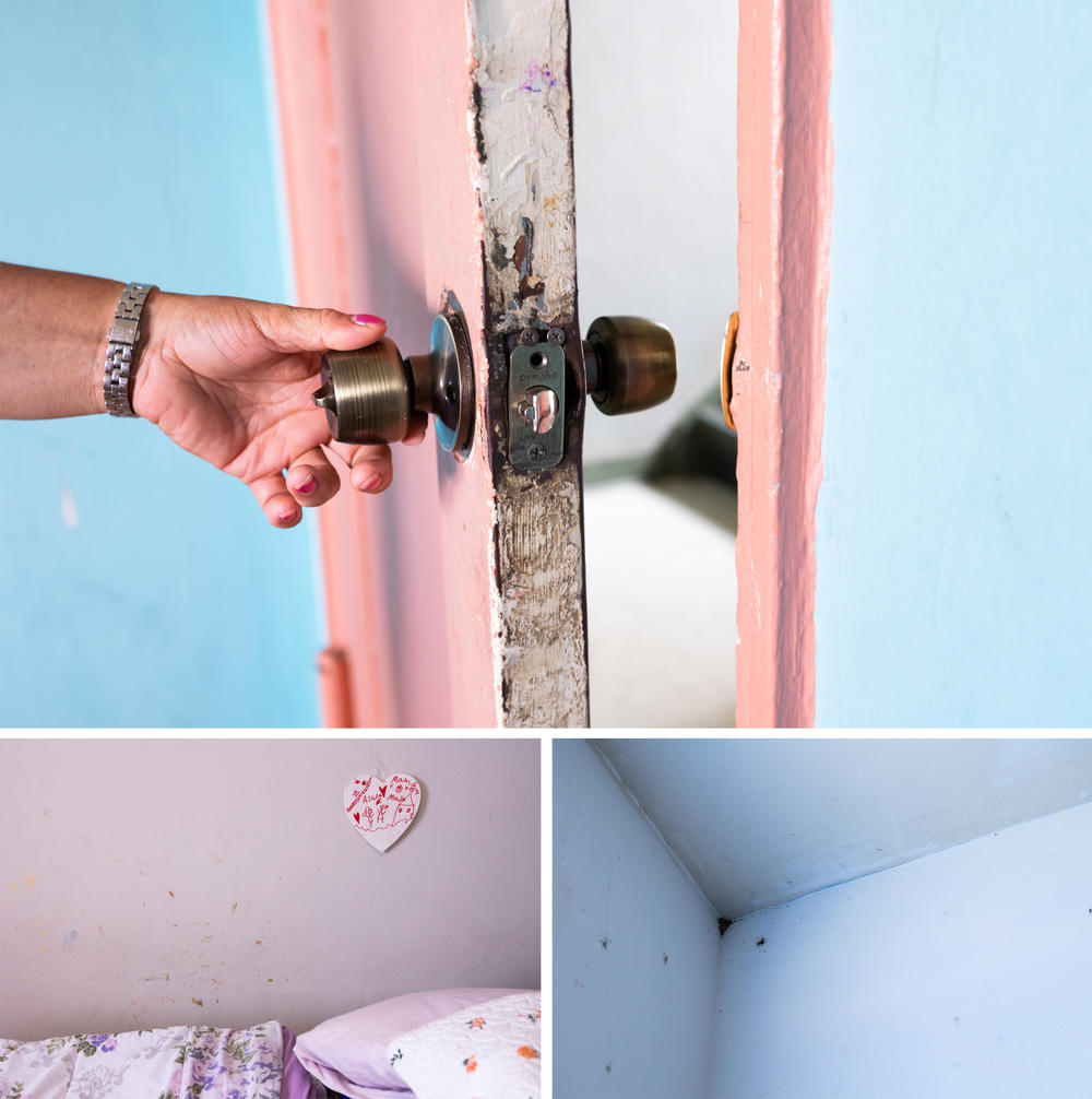 Top: The front door to María Lara's apartment is broken. Bottom left: The wall next to her bed is decorated with a heart. Lara says the splotches on the wall are where she killed bedbugs. Bottom right: Bedbugs have infested the second bedroom of Lara's apartment.