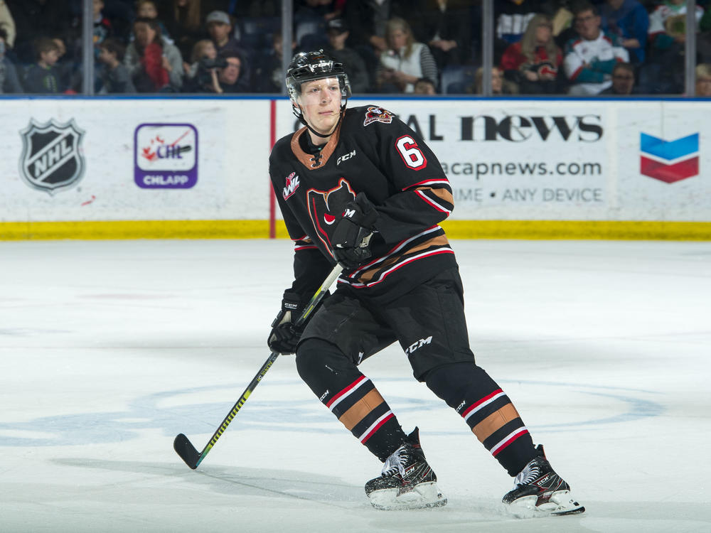Luke Prokop of the Calgary Hitmen skates against the Kelowna Rockets at Prospera Place on Feb. 17, 2020, in Kelowna, British Columbia.