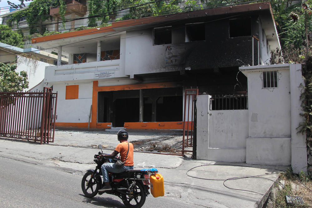 A burned-out building in Petionville where Colombian mercenaries battled police in the hours after the assassination of President Moïse.