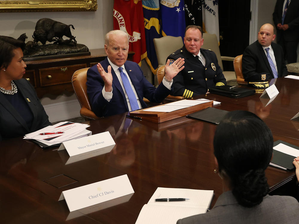President Biden hosts a White House meeting about reducing gun violence on July 12. Violent crime is on the rise in many U.S. urban areas, and Democratic political strategists believe the White House needs to take on the issue of crime directly.