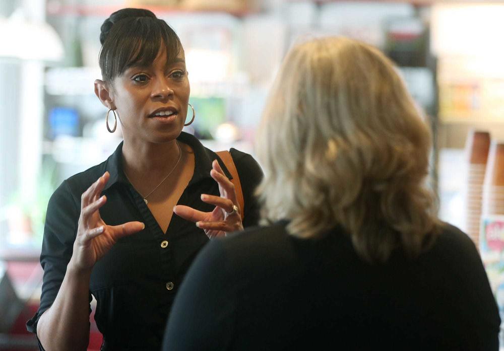 Ohio 11th district candidate Shontel Brown is seen during a campaign stop at Angel Falls Coffee shop in Akron on July 14.