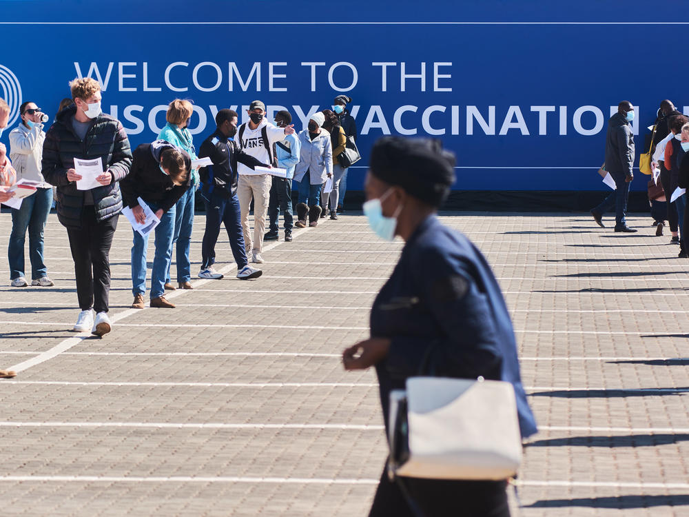Residents wait to register at a mass vaccination site in Johannesburg on July 8.