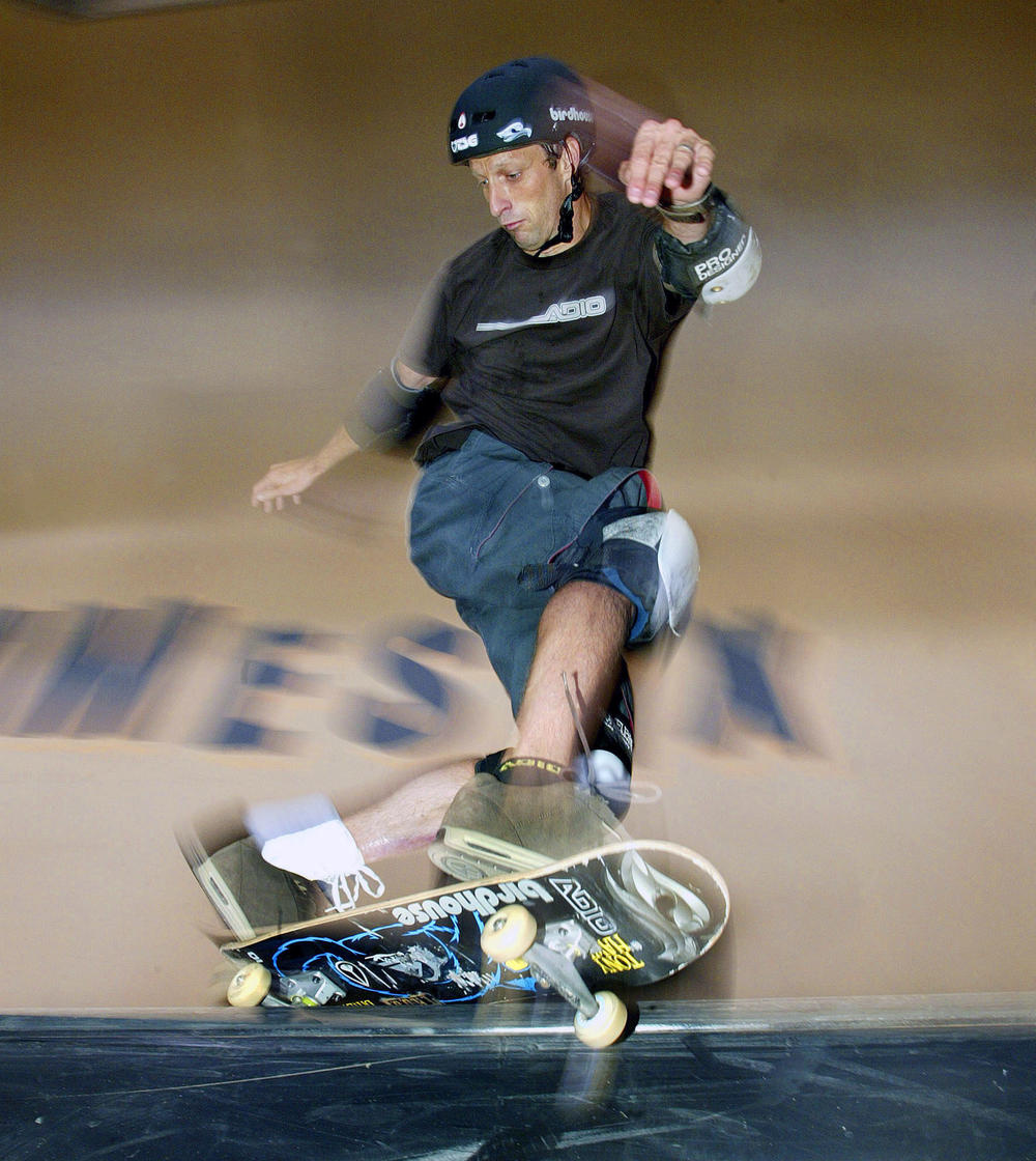 Tony Hawk, shown here during a competition in 2003, helped popularize the sport of skateboarding.