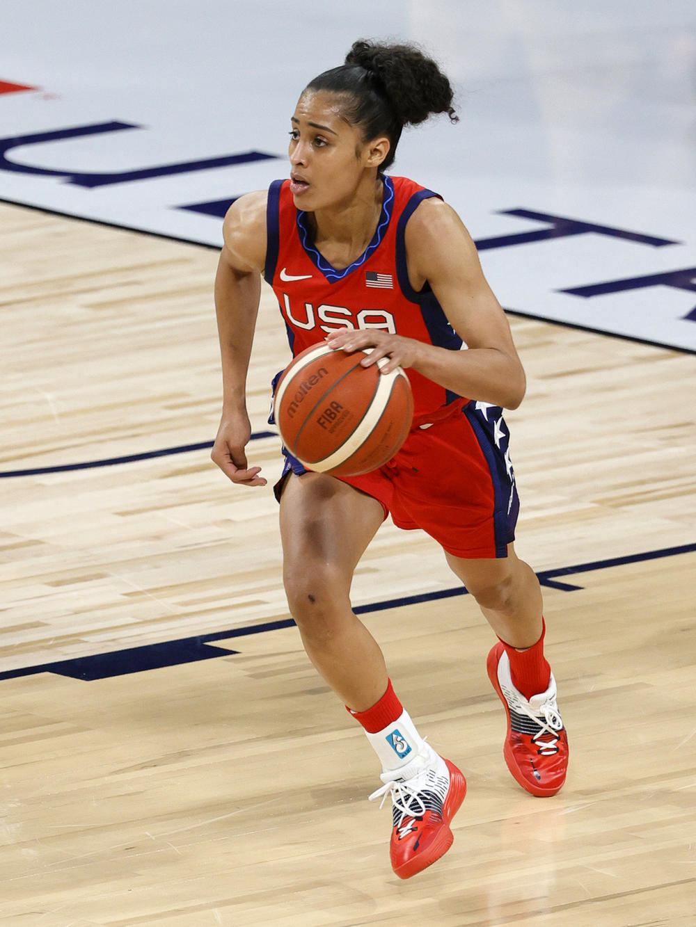 Skylar Diggins-Smith of the United States brings the ball up the court during a pre-Olympics exhibition match earlier this month against Australia in Las Vegas, Nev.