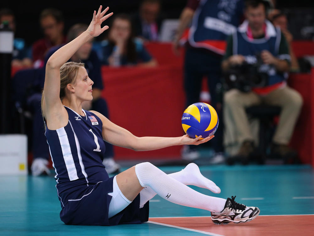 Lora Webster of the U.S.A. plays a shot during the Women's Sitting Volleyball final Gold Medal match against China at the London 2012 Paralympic Games.