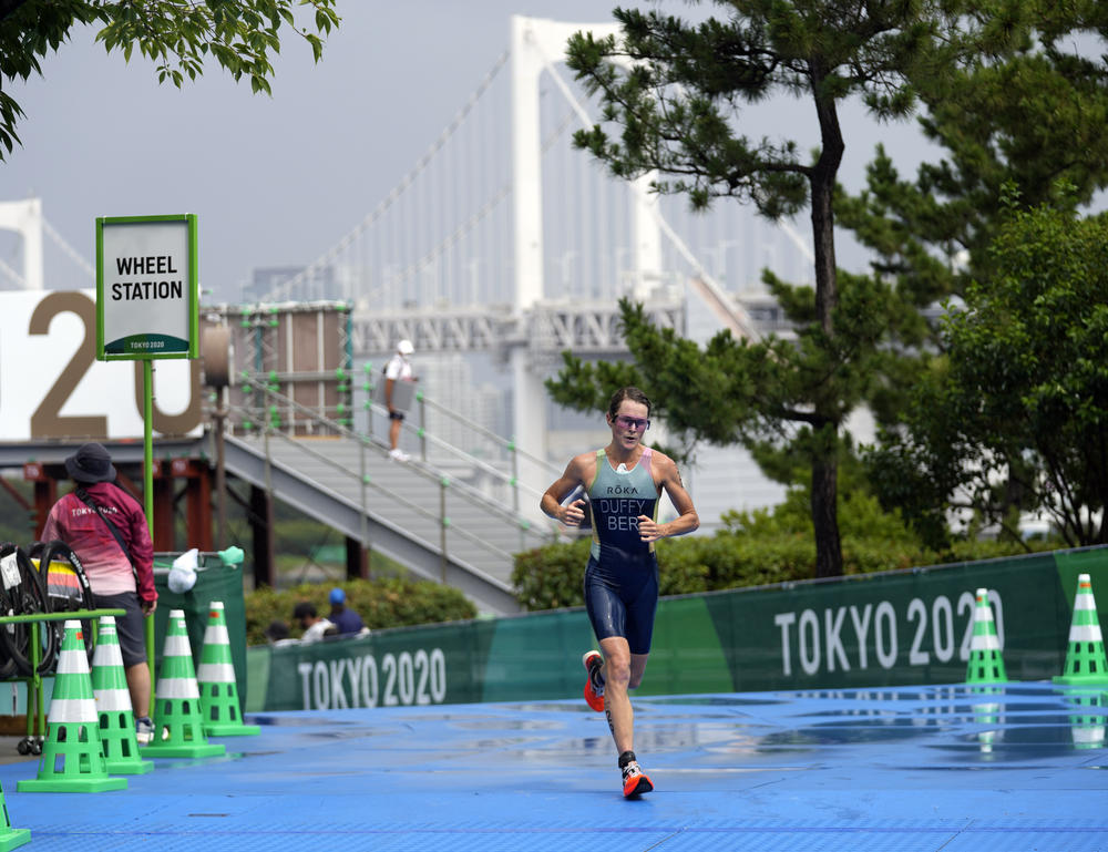 Flora Duffy of Bermuda leads during the women's triathlon competition on Tuesday in Tokyo.