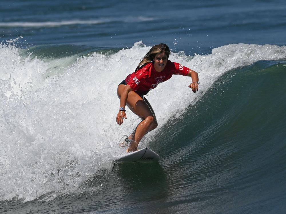 Caroline Marks of the United States competes during Tokyo 2020 women's round 1 heat of surfing at Tsurigasaki Surfing Beach in Chiba Prefecture, Japan, on Sunday.